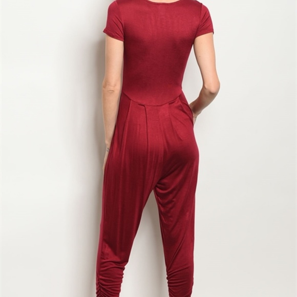 Celebration Short Sleeve Burgundy Jumpsuit - Picture 2 of 2